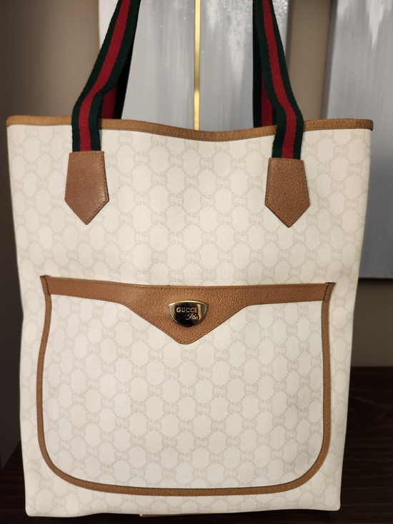 Gucci Handbags - Gucci GG Plus White And Tan Sherry Line Supreme Tall Tote With Web Straps